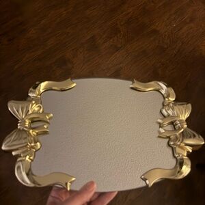 Hollywood Regency Style Vanity Mirror Tray Featuring Gold Ribbon And Bow Design